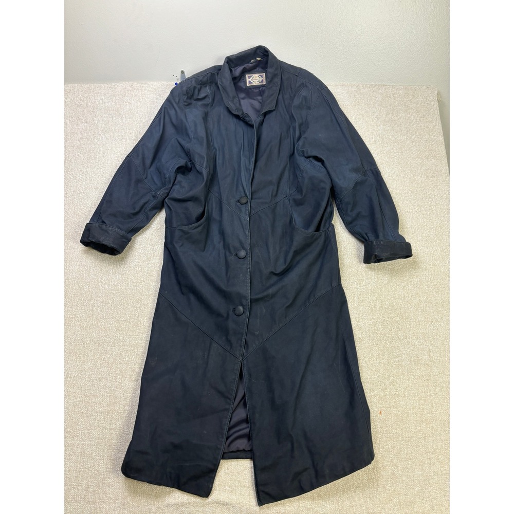 Paris Sport Club Mens Navy Blue Genuine Leather Trench Coat Duster Jacket Size M